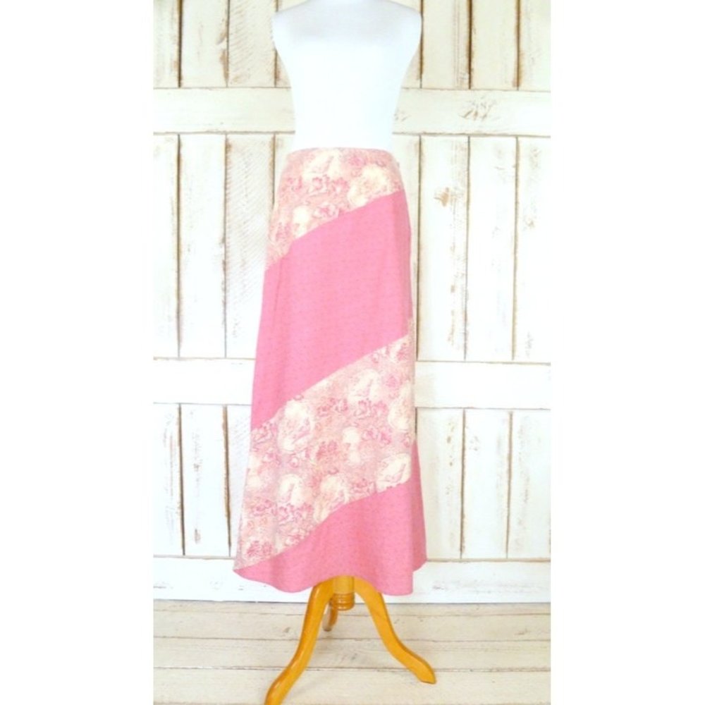 70s vintage pink striped floral cotton maxi boho skirt